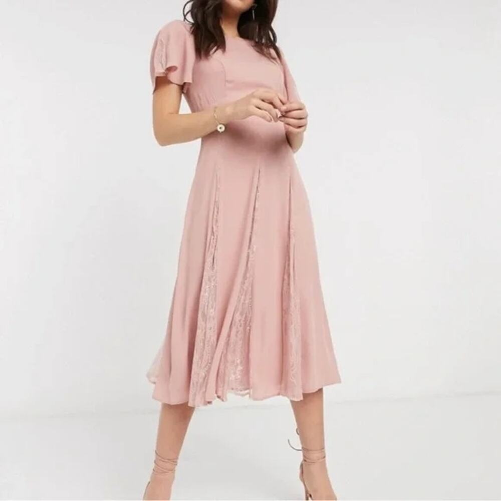 Asos Dress Dusty Rose Pink Lace Panel Midi Swing Romantic Prep NWT 6 Bridesmaid